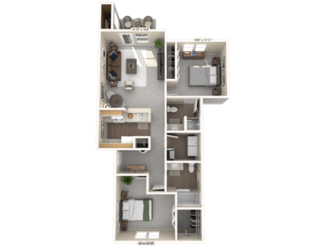 A floor plan of a two-bedroom apartment with a living room, kitchen, and bathroom